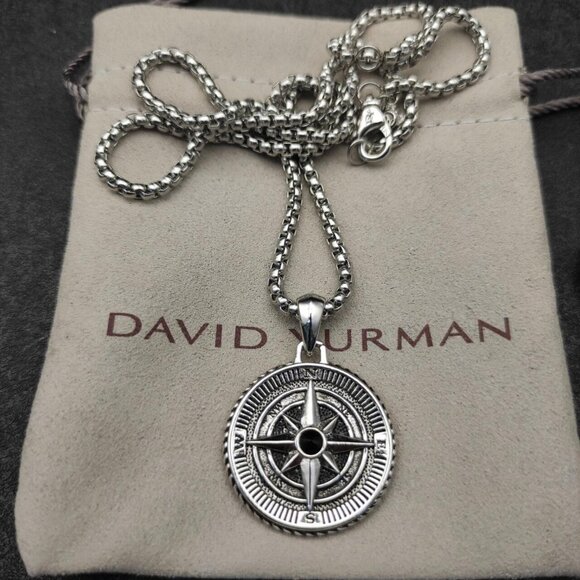 David Yurman Men's Sterling Silver 35mm Maritime Compass Pendant w/ 22" DY chain - Picture 1 of 3